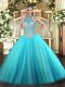 Simple Aqua Blue Quinceanera Dresses Military Ball and Sweet 16 and Quinceanera with Beading Halter Top Sleeveless Lace Up