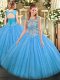 Sweet Floor Length Lace Up Sweet 16 Quinceanera Dress Baby Blue for Military Ball and Sweet 16 and Quinceanera with Beading