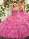 Rose Pink Sleeveless Floor Length Beading and Ruffled Layers and Pick Ups Lace Up Quinceanera Gown