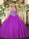Dramatic Sleeveless Floor Length Beading Lace Up Quinceanera Gowns with Fuchsia