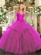 New Arrival Floor Length Fuchsia 15th Birthday Dress Tulle Long Sleeves Lace and Ruffles