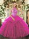 On Sale Fuchsia Ball Gowns Halter Top Sleeveless Organza Floor Length Lace Up Beading and Ruffles Quinceanera Dresses