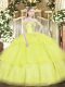 Fantastic Yellow Off The Shoulder Neckline Beading and Ruffled Layers Vestidos de Quinceanera Sleeveless Lace Up