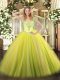 Yellow Green Ball Gowns Tulle V-neck Sleeveless Beading and Ruffles Floor Length Lace Up Quinceanera Gown