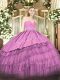 Fuchsia Sleeveless Beading and Lace and Embroidery and Ruffled Layers Floor Length Sweet 16 Quinceanera Dress