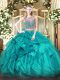 Dramatic Organza Scoop Sleeveless Lace Up Beading and Ruffles 15th Birthday Dress in Teal