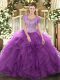 Scoop Sleeveless Tulle Quince Ball Gowns Beading and Ruffled Layers Clasp Handle