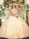 Sleeveless Floor Length Beading and Ruffles Criss Cross Quince Ball Gowns with Peach