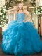 Aqua Blue Sleeveless Organza Lace Up Quinceanera Dresses for Military Ball and Sweet 16 and Quinceanera