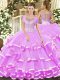 Fitting Sleeveless Floor Length Beading and Ruffled Layers Clasp Handle Vestidos de Quinceanera with Lilac