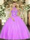 Dramatic Halter Top Sleeveless Tulle Quince Ball Gowns Embroidery Lace Up