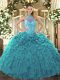 Cheap Teal Ball Gowns Halter Top Sleeveless Organza Floor Length Lace Up Beading and Embroidery and Ruffles Quinceanera Gown