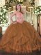 Floor Length Lace Up Sweet 16 Quinceanera Dress Brown for Sweet 16 and Quinceanera with Beading and Ruffles