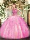 Discount Sleeveless Tulle Floor Length Lace Up 15th Birthday Dress in Rose Pink with Beading and Ruffles
