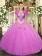 Lilac Ball Gowns Beading Sweet 16 Dresses Lace Up Tulle Sleeveless Floor Length