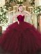 High Quality Sleeveless Tulle Floor Length Lace Up Ball Gown Prom Dress in Wine Red with Ruffles