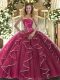 Fuchsia Strapless Neckline Beading and Ruffles 15th Birthday Dress Sleeveless Lace Up