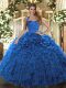 Lovely Ball Gowns Sweet 16 Dress Blue Halter Top Organza Sleeveless Floor Length Lace Up