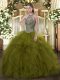 High Quality Floor Length Lace Up Quince Ball Gowns Olive Green for Sweet 16 and Quinceanera with Beading