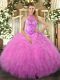 Hot Selling Ball Gowns Sweet 16 Dresses Rose Pink Halter Top Organza Sleeveless Floor Length Lace Up
