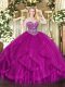 Attractive Fuchsia Sleeveless Floor Length Beading and Ruffles Lace Up Ball Gown Prom Dress