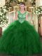 Green Organza Lace Up Scoop Sleeveless Floor Length Sweet 16 Dresses Beading and Ruffles