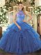 Extravagant Organza Halter Top Sleeveless Lace Up Beading and Embroidery and Ruffles Sweet 16 Quinceanera Dress in Blue