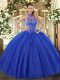 Exceptional Sleeveless Floor Length Beading and Embroidery Lace Up Vestidos de Quinceanera with Royal Blue