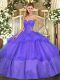 Spectacular Sweetheart Sleeveless Sweet 16 Dresses Floor Length Beading and Ruffled Layers Lavender Tulle