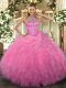 Customized Sleeveless Floor Length Beading and Embroidery and Ruffles Lace Up Sweet 16 Dress with Rose Pink
