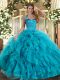 Teal Lace Up Halter Top Ruffles Sweet 16 Quinceanera Dress Tulle Sleeveless
