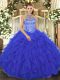 Lovely Sleeveless Organza Floor Length Lace Up Quinceanera Gowns in Royal Blue with Beading and Embroidery and Ruffles