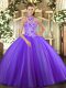 Free and Easy Sleeveless Floor Length Embroidery Lace Up Ball Gown Prom Dress with Purple