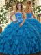 Baby Blue Ball Gowns Organza Strapless Sleeveless Beading and Ruffles Floor Length Lace Up Quinceanera Dresses