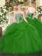 Delicate Floor Length Lace Up Ball Gown Prom Dress Green for Military Ball and Sweet 16 and Quinceanera with Beading and Ruffles