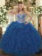On Sale Tulle Sweetheart Sleeveless Lace Up Beading and Ruffled Layers Ball Gown Prom Dress in Blue