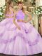 Lavender Sleeveless Floor Length Beading and Lace and Ruffles Criss Cross Sweet 16 Quinceanera Dress