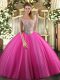 Sophisticated Floor Length Hot Pink Quinceanera Dresses Tulle Sleeveless Beading