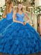 Blue Ball Gowns Beading and Ruffles Quinceanera Gowns Lace Up Organza Sleeveless Floor Length