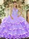 Sleeveless Organza Floor Length Lace Up Quinceanera Dress in Lavender with Beading and Ruffled Layers