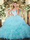 High Class Aqua Blue Lace Up Quinceanera Dresses Beading and Ruffles and Pick Ups Sleeveless Floor Length