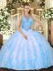 Superior Baby Blue High-neck Neckline Beading and Ruffles Quinceanera Gowns Sleeveless Lace Up