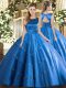 Excellent Baby Blue Tulle Lace Up Quince Ball Gowns Sleeveless Floor Length Appliques