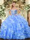 Exceptional Baby Blue Sleeveless Beading and Ruffled Layers Floor Length Quinceanera Dress