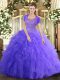 Eye-catching Sleeveless Floor Length Beading and Ruffled Layers Clasp Handle Quinceanera Dress with Lavender