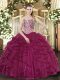 Sweetheart Sleeveless Quinceanera Gown Floor Length Beading and Ruffles Burgundy Tulle