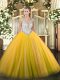 Low Price Sleeveless Tulle Floor Length Zipper Quinceanera Gowns in Gold with Beading