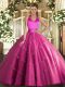 Custom Made Hot Pink Sleeveless Appliques Floor Length Quinceanera Dress