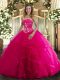 Dazzling Hot Pink Sweet 16 Quinceanera Dress Military Ball and Sweet 16 and Quinceanera with Beading and Ruffles Strapless Sleeveless Lace Up