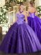 Purple Ball Gowns Appliques Quince Ball Gowns Lace Up Tulle Sleeveless Floor Length